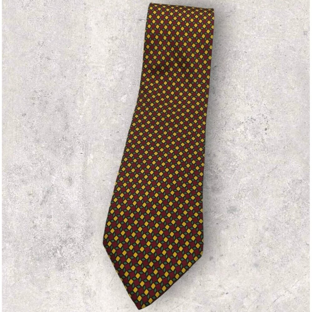 LONGCHAMP Silk Tie ITALY Burgundy Green Yellow Geometric W:3.7" EUC